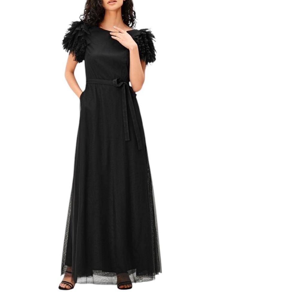 WAYWARD FANCIES Small Ruffle Tulle Sash Tie Maxi Dress Whimsygoth Witchy Formal
